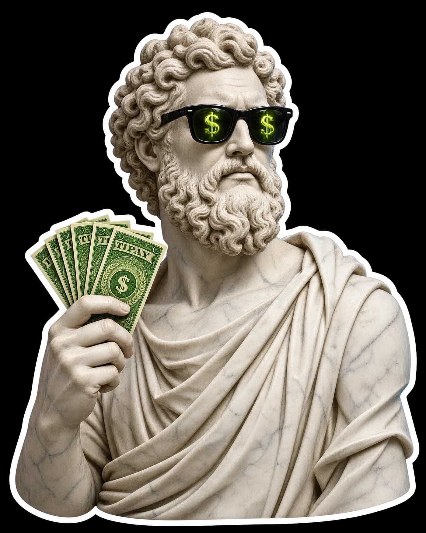 A marble stoic in dollar-sign sunglasses holding a fan of TIPAY notes
